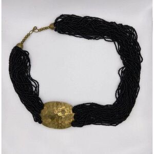 Seed Bead Brass Necklace Vintage Black Multi Strand Asymmetrical Hammered Brass